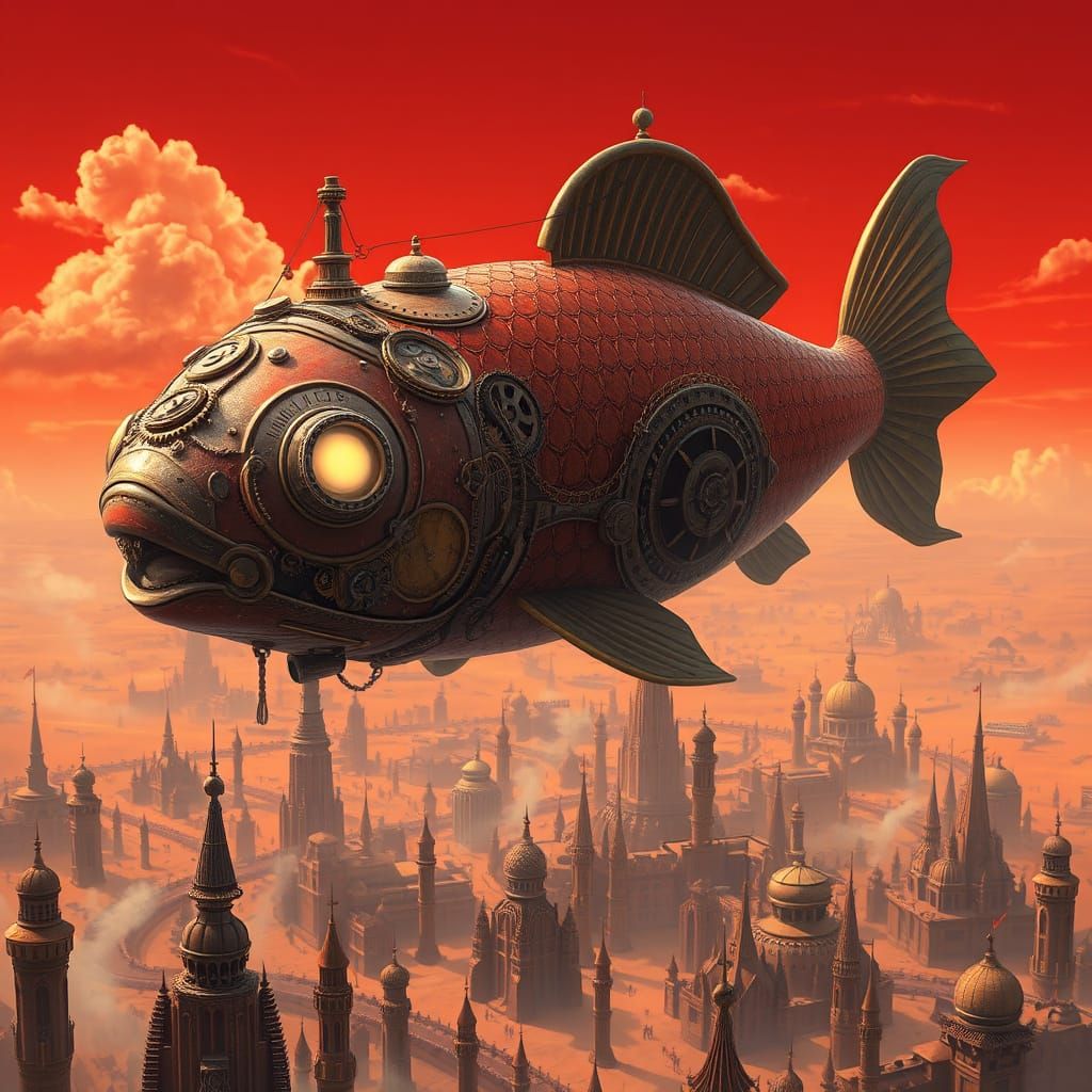 A majestic, steampunk-style airship shaped like a giant koi ...