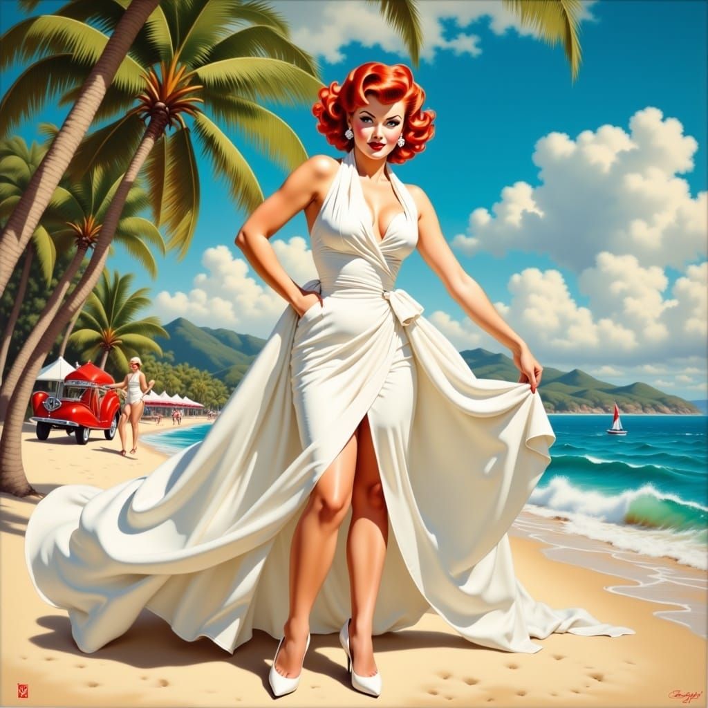Glamorous Woman on Tropical Beach in Oil Painting Style