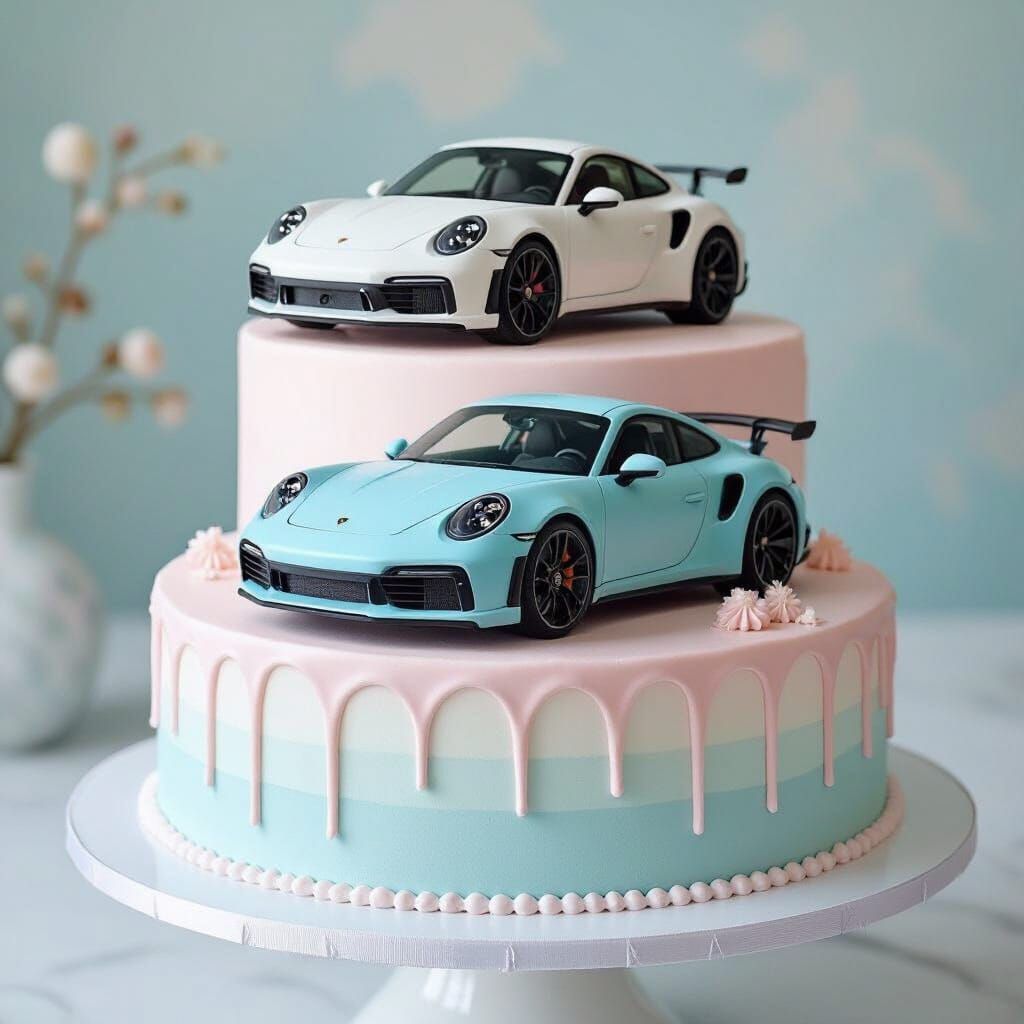 3-Tier Porsche Cake in Icy Blue and Pastel Pink Frosting