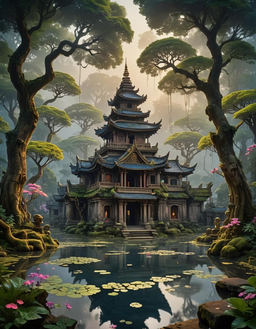 Mystical Forest Temple with Ethereal Glow