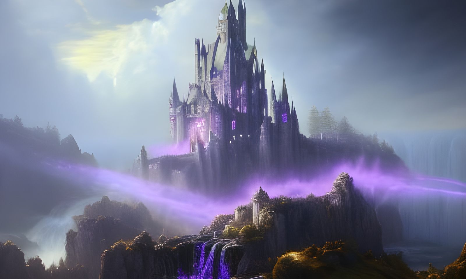 Silver and Purple Fantasy Castle over Waterfalls
