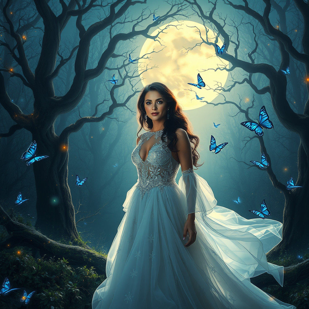 Magical Forest Scene with Woman in Flowing Gown