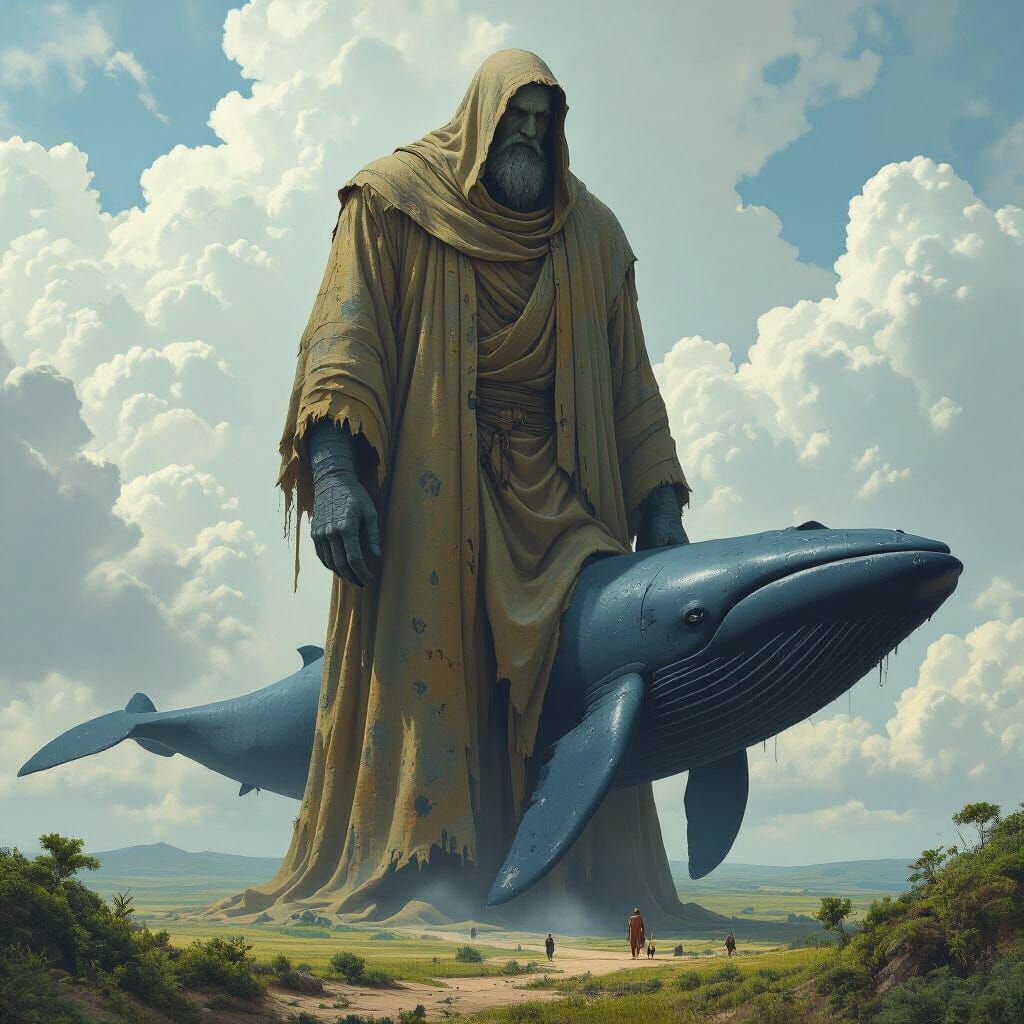 Gigantic Man Engulfs Whale in Jurassic Landscape
