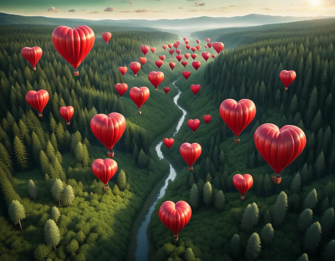 Heart Balloons Soar Over Green Valley at Magic Hour