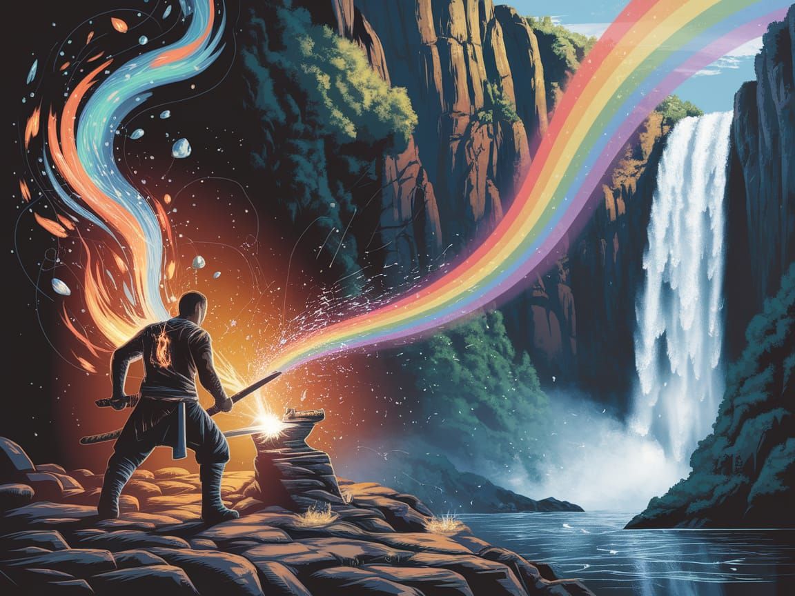 Ethereal Blacksmith Forges Elemental Sword in Cyberpunk Aest...