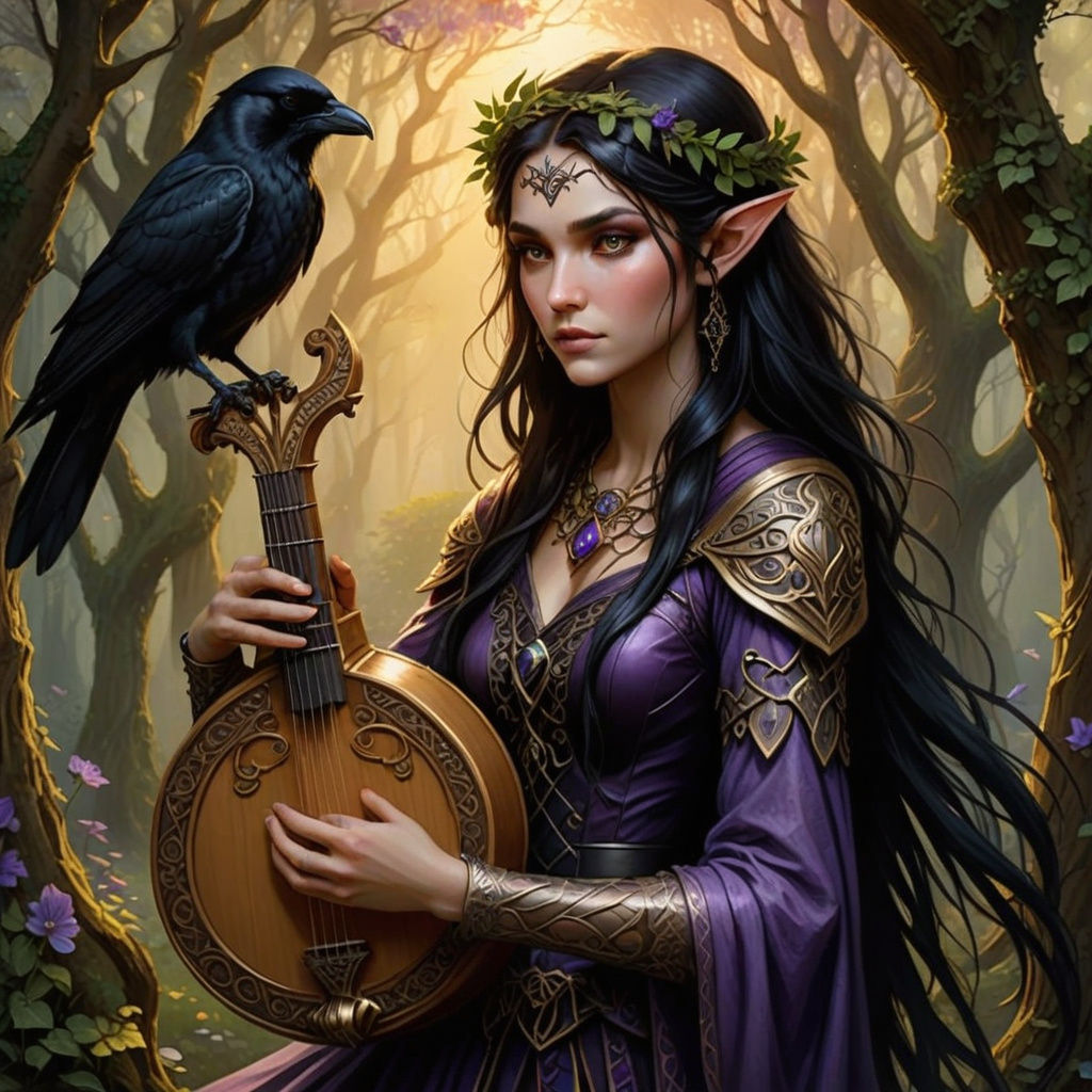 Enchanted Elf Bard with Lyre and Raven in Golden Light