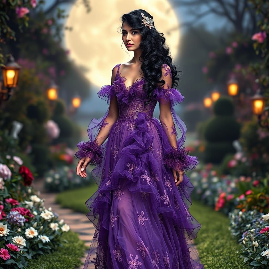 Woman in Purple Gown in Moonlit Garden