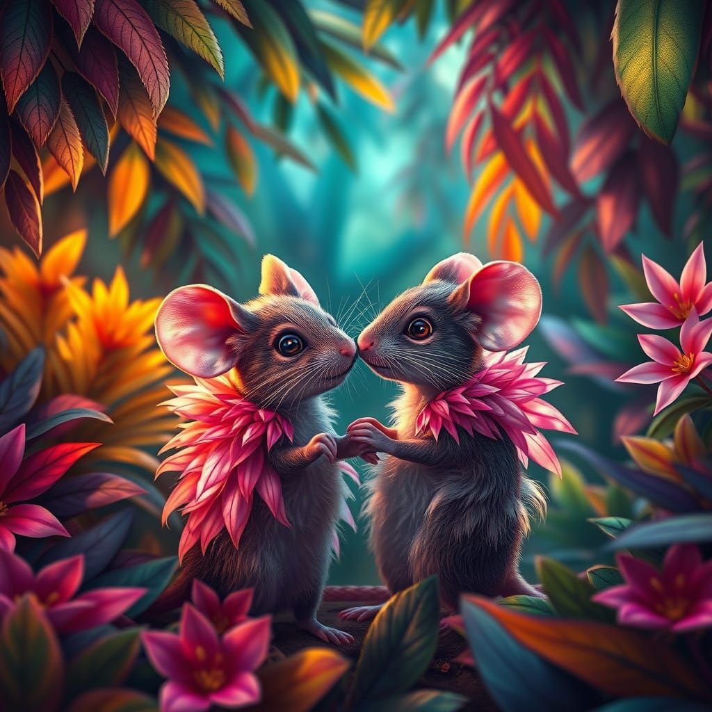 Vibrant Jungle Scene with Adorned Mice Couple in Rich Colors