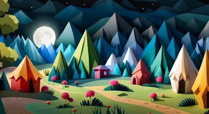 Origami Paper Village in Forest, Detailed 8K Art