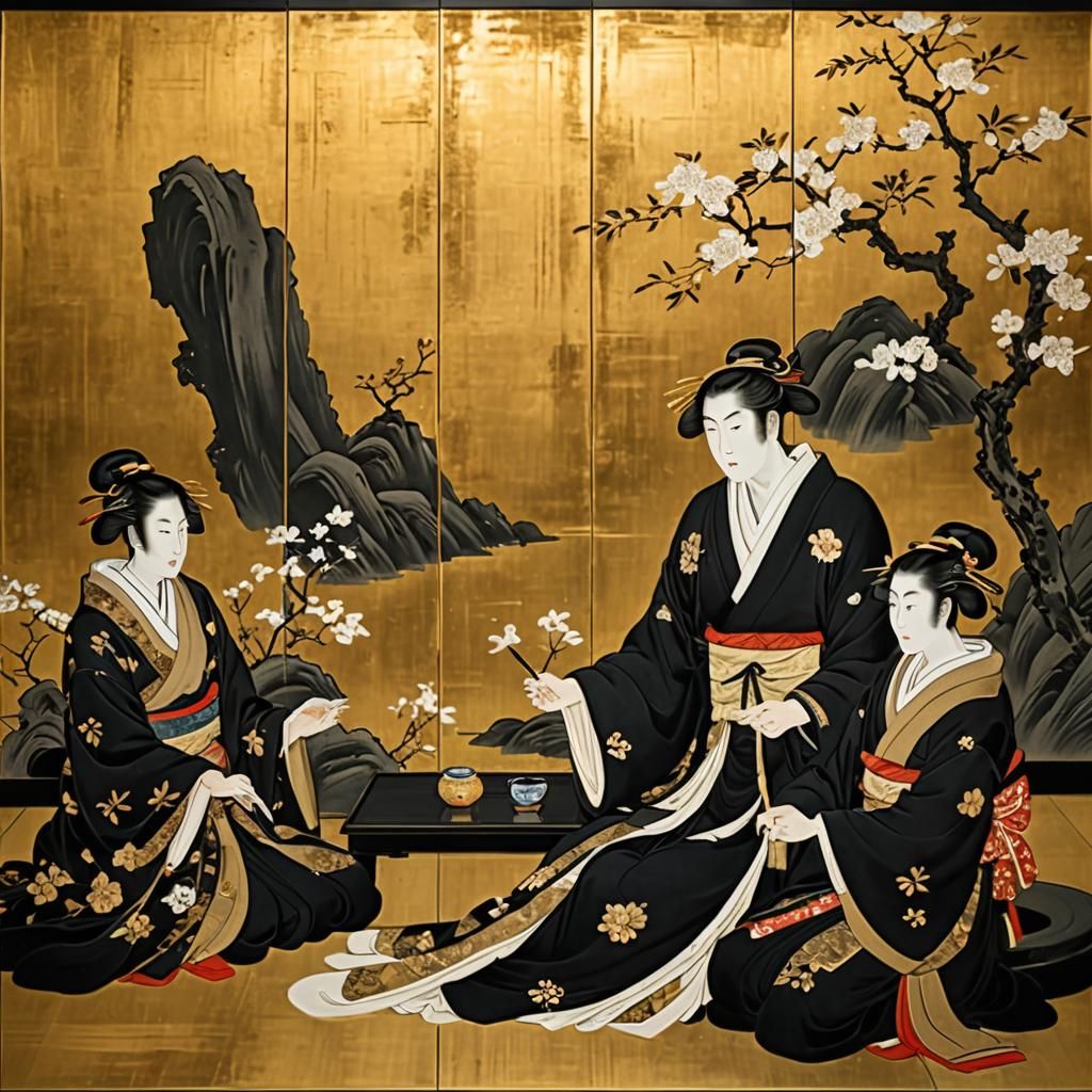 Japanese Screen with Cranes in Ukiyo-e Style