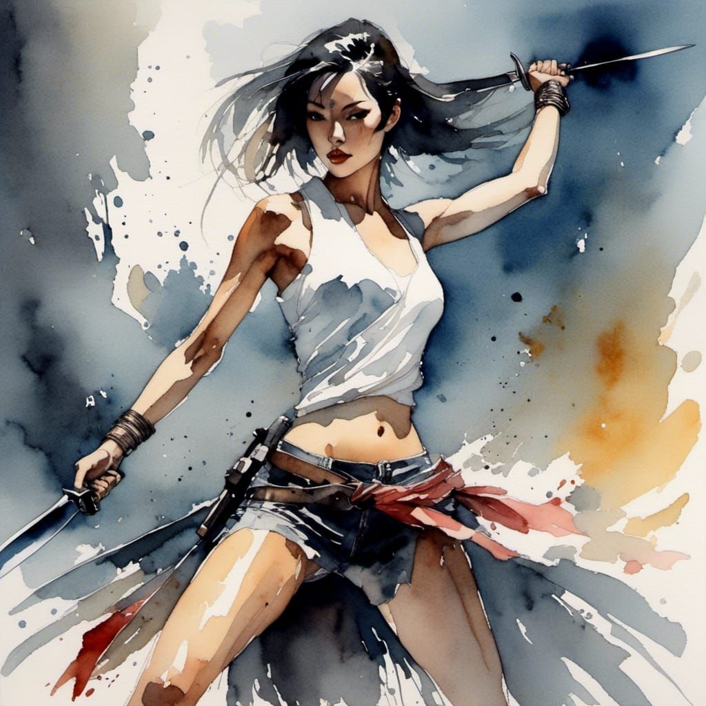 Cyborg Dancer with Knife: Watercolor Cyberpunk Art