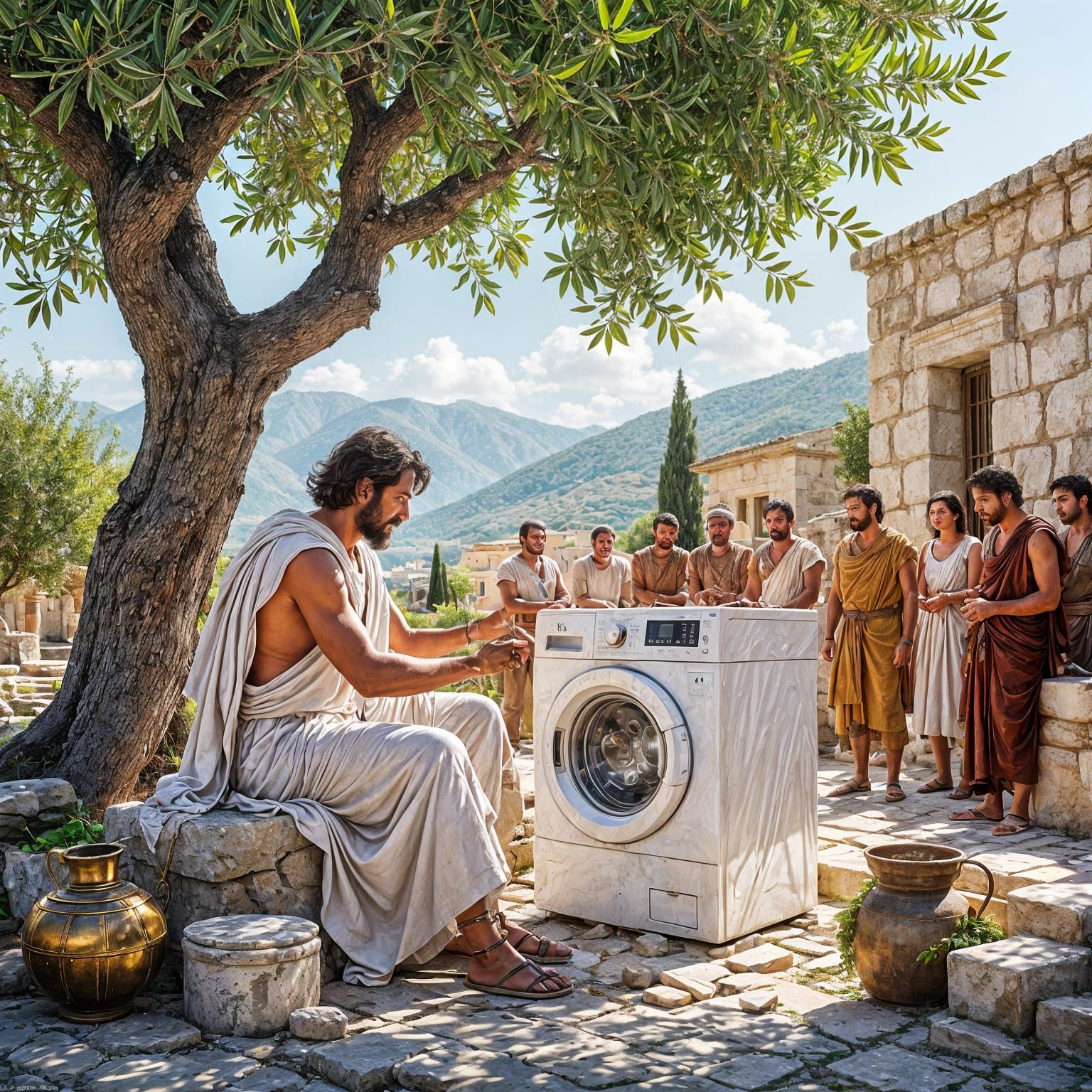 Ancient Greek Scientist Assembling Washing Machine