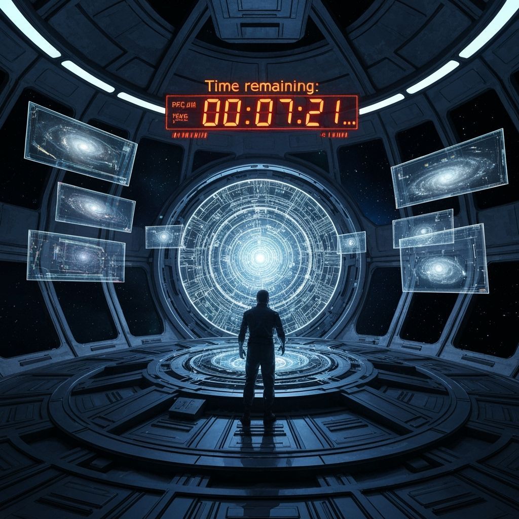 Cybernetic Engineer Repairs Time Device in Space Station