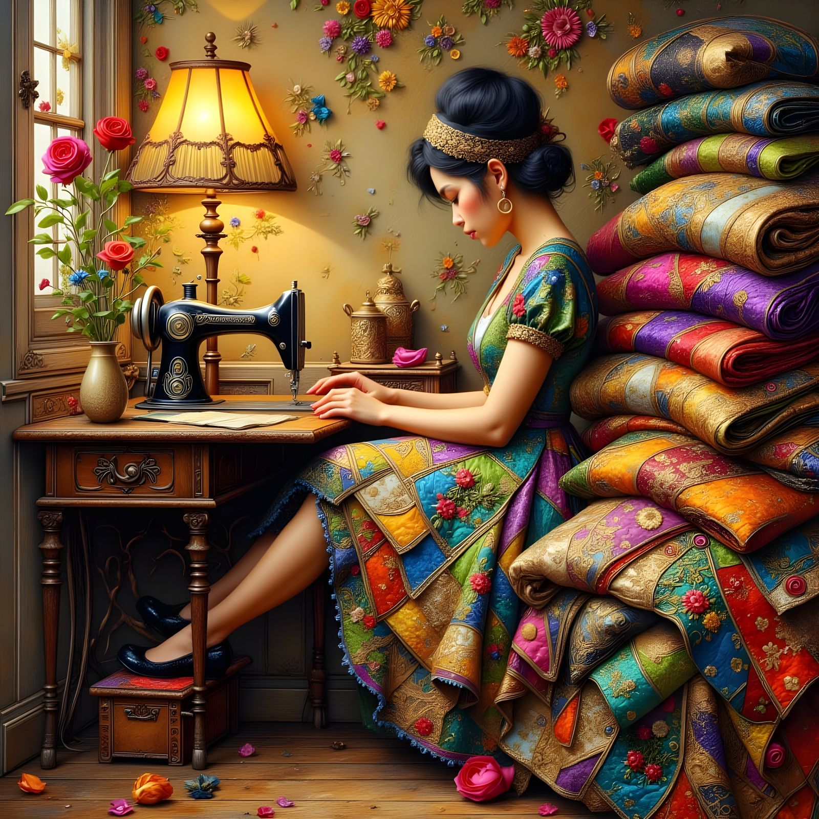Woman Sewing Quilts in Textured Impasto Style