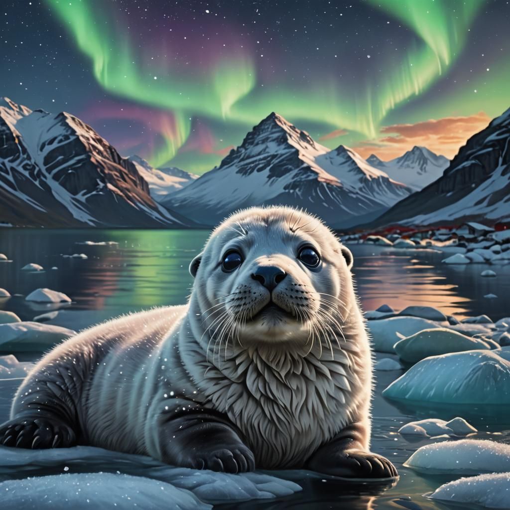 Baby Seal Gazes at Majestic Northern Lights