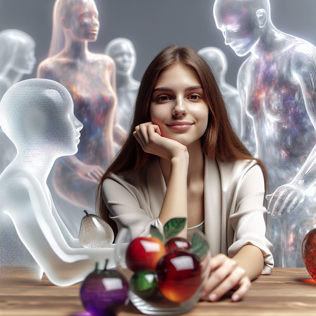 Ethereal Gathering: Woman and Translucent Figures