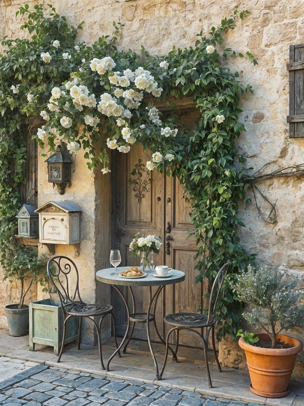 Vintage French Door with Vines in Photorealistic Style
