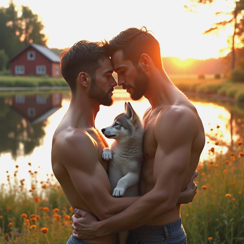 Romantic Embrace by Lake at Sunset: Digital Painting