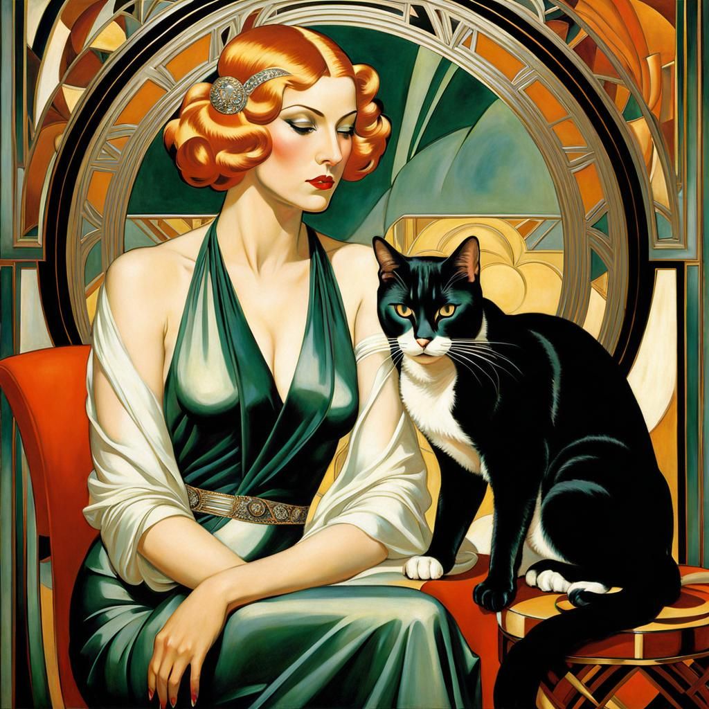 Art Deco Woman with Cat Interior