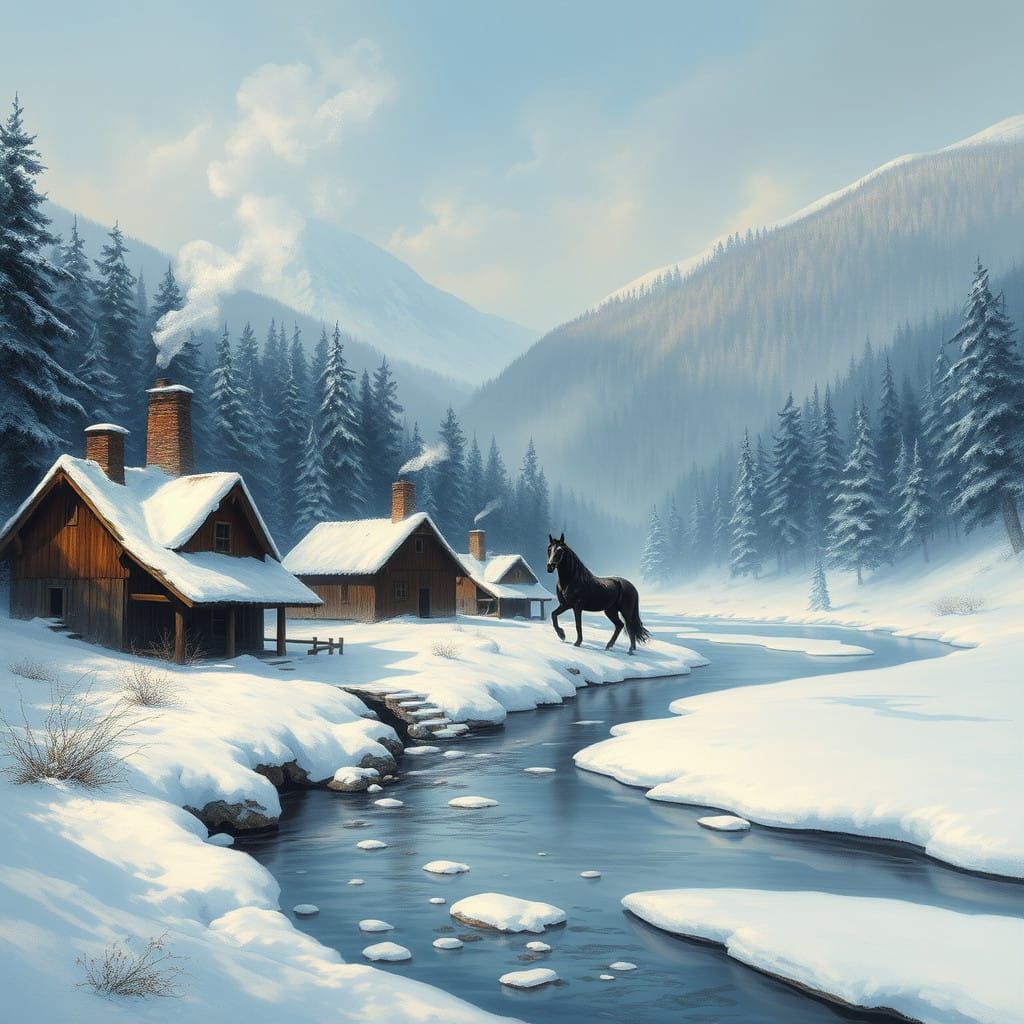 Snowy 17th Century American Mountain Village Scene with Maje...
