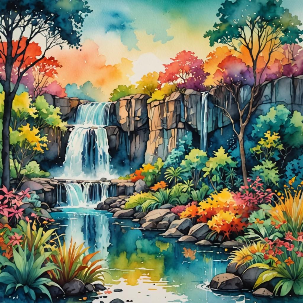 Whimsical Watercolor Oasis Landscape Painting