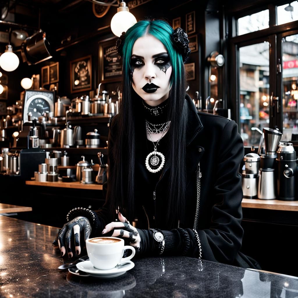 Goth Fashion Model in Goth Coffee Shop
