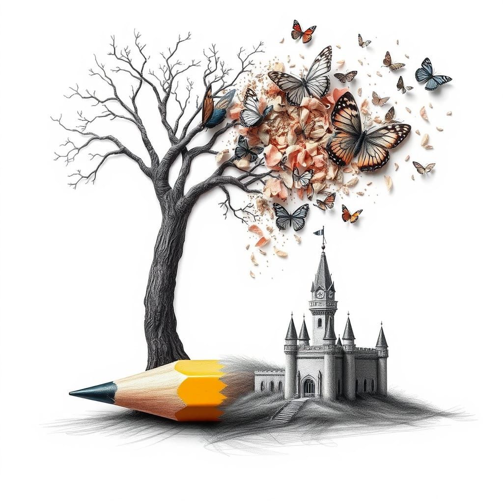 Pencil Transforms Into Living Tree and Butterflies