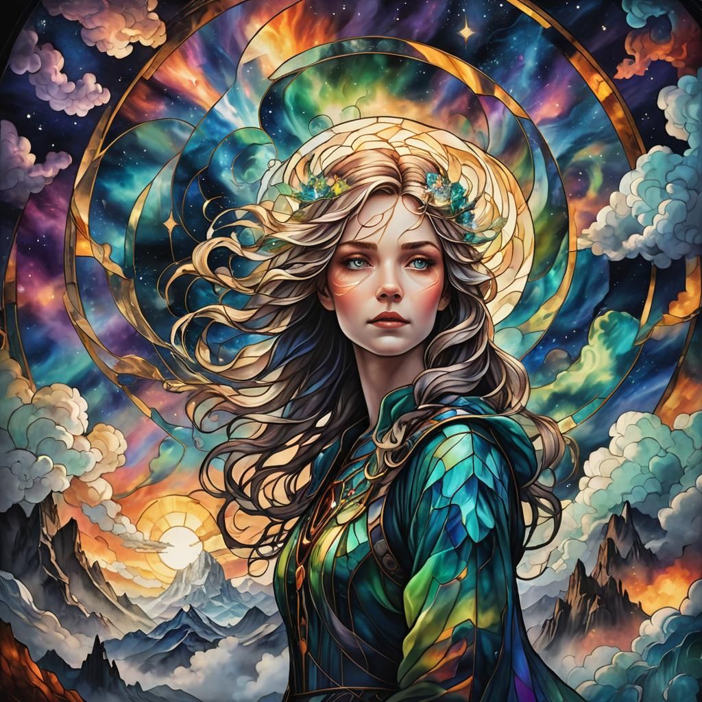 Stained Glass Journey Through Aurora Waterfall Planet