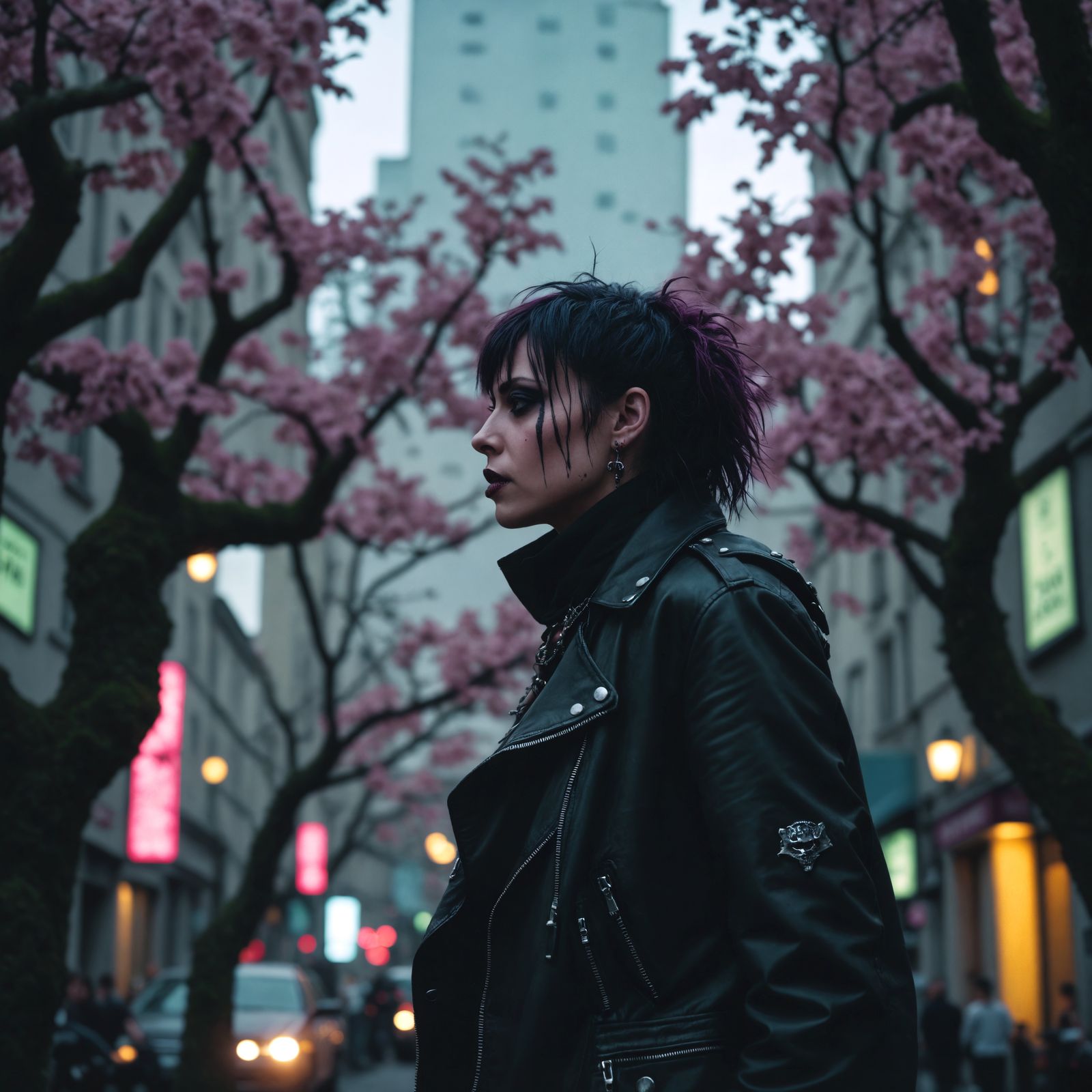 Punk Witch in a Surreal Cherry Tree City