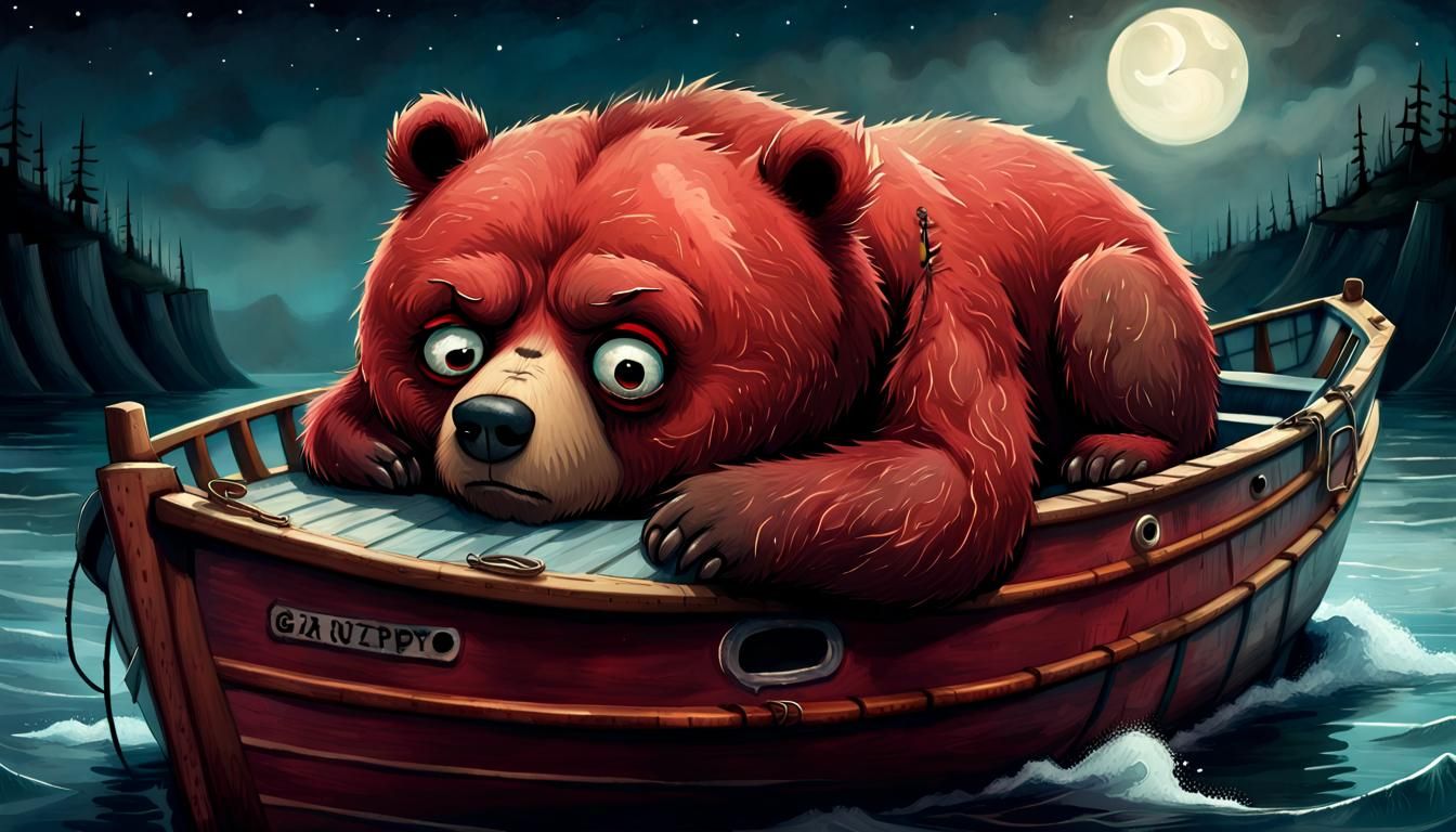 A Big Red Bear's Disgruntled Slumber on a Boat