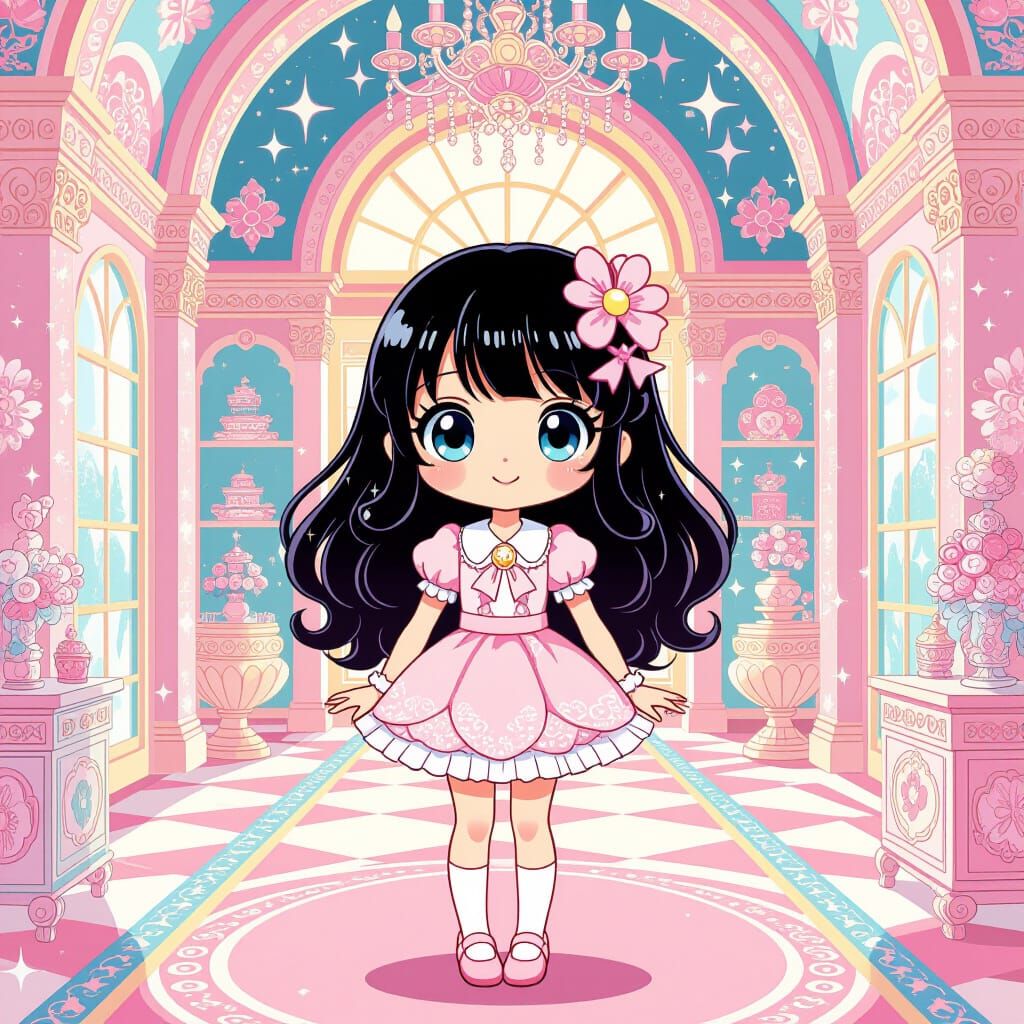 Kawaii Girl in Pastel Palace with Manga Graphics
