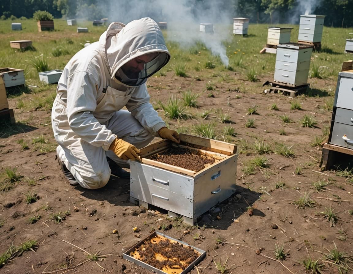 Beekeeper Inspecting Hive with Smoker