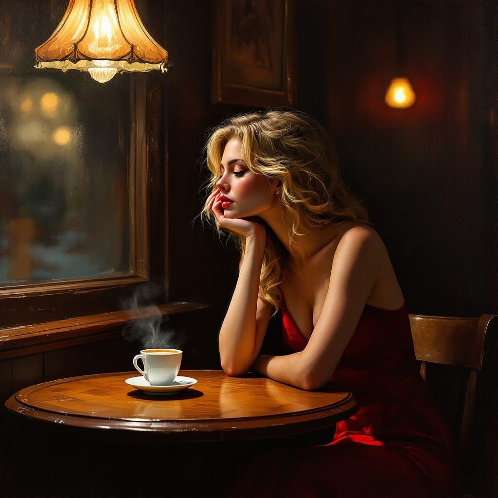 Moody Oil Painting of a Blonde Woman in a Red Evening Dress