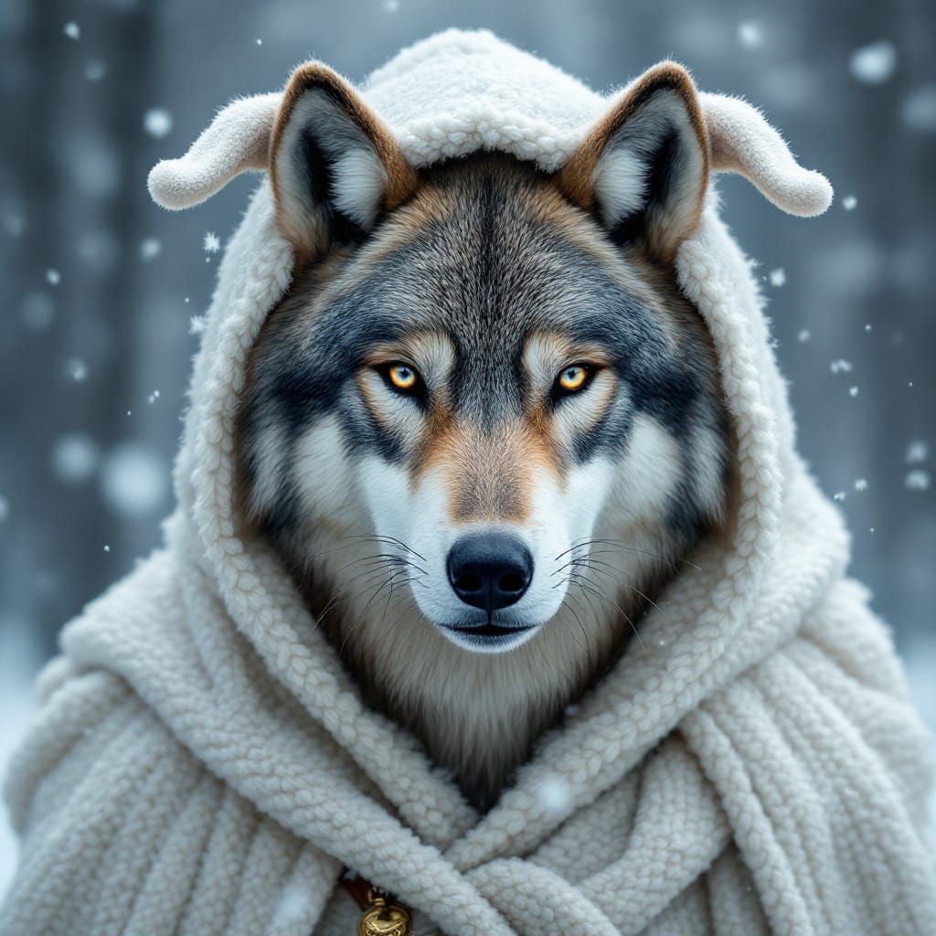 Majestic Wolf in Lamb Cloak, Snowy Landscape