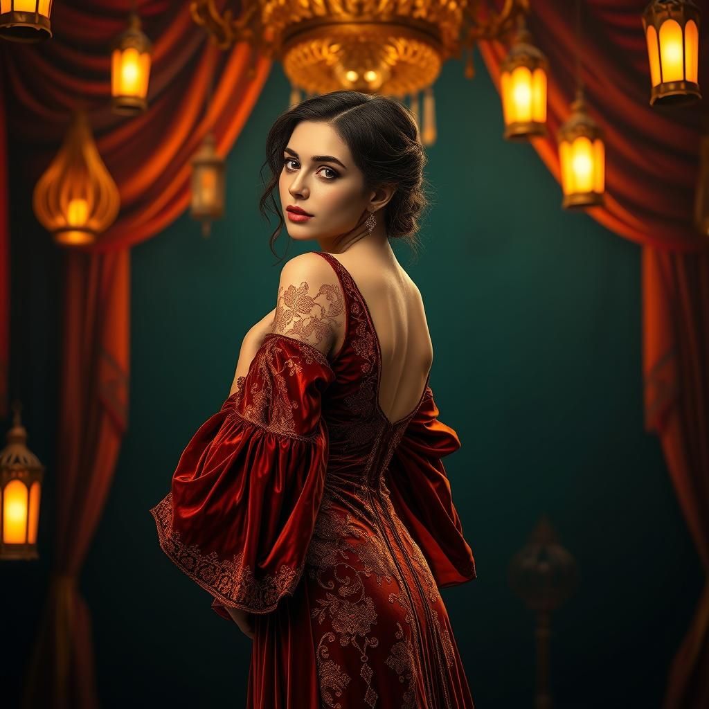 Elegant Woman in Opulent Dress, Art Nouveau Style