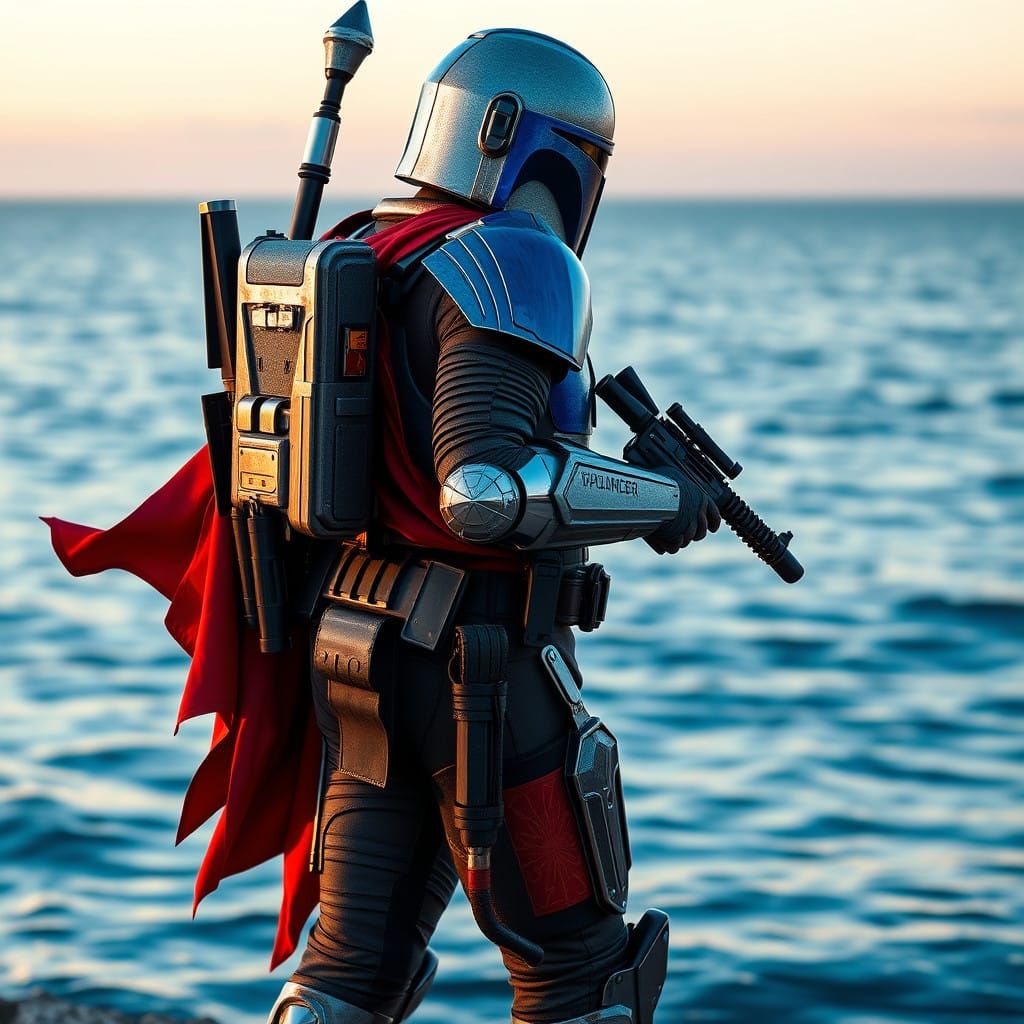Cybernetic Mandalorian Stands Vigilant by Water's Edge in St...