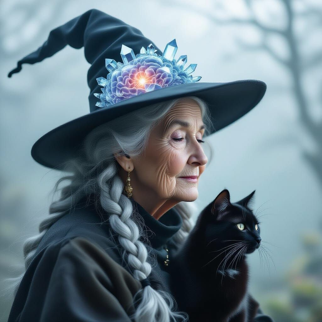 Mystical Double Exposure Witch With Crystal Brain and Cat Gu...