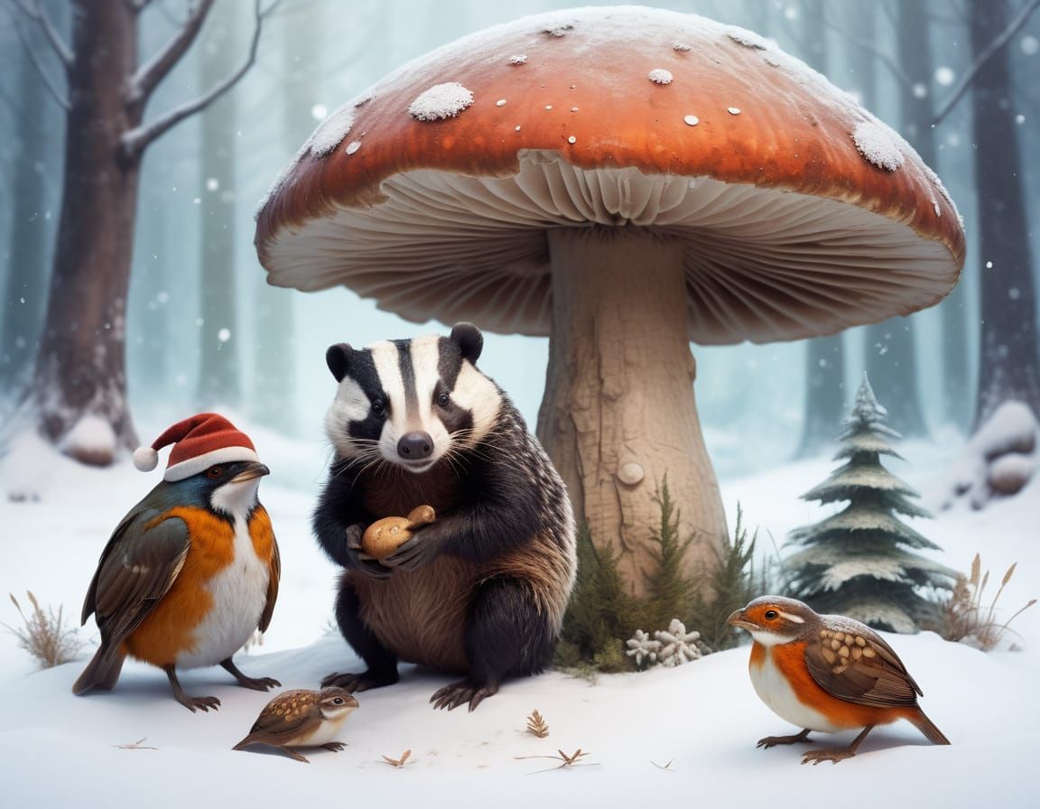 Woodland Friends Huddle Under Mushroom in Snowy Winter Wonde...