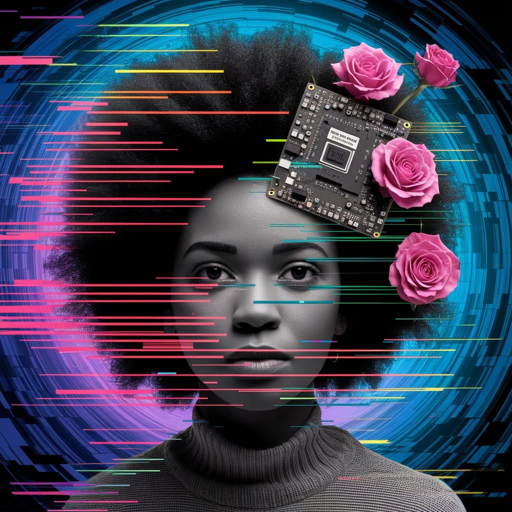 Glitch Portrait with Kaleidoscopic Shapes and Tech-Art