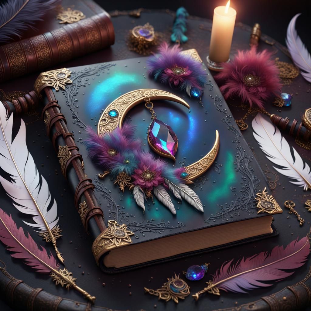 Crescent Moon Grimoire with Crystals and Runes