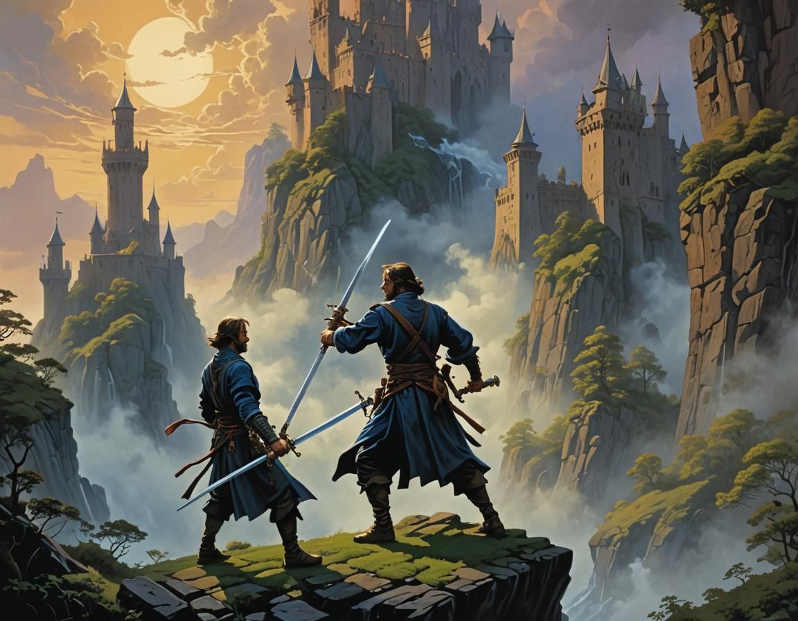 Swordsman and Apprentice in Enchanted Landscape