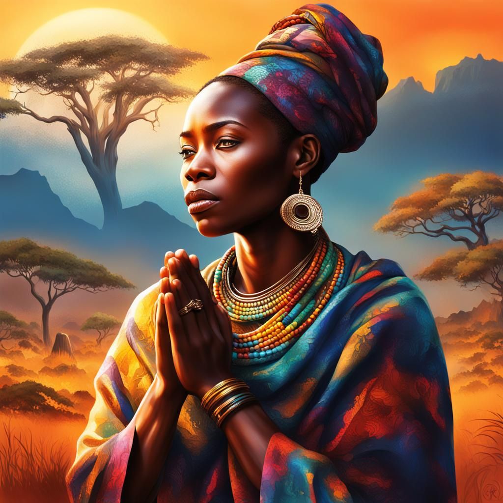African Woman Praying in Hyperrealistic African Landscape