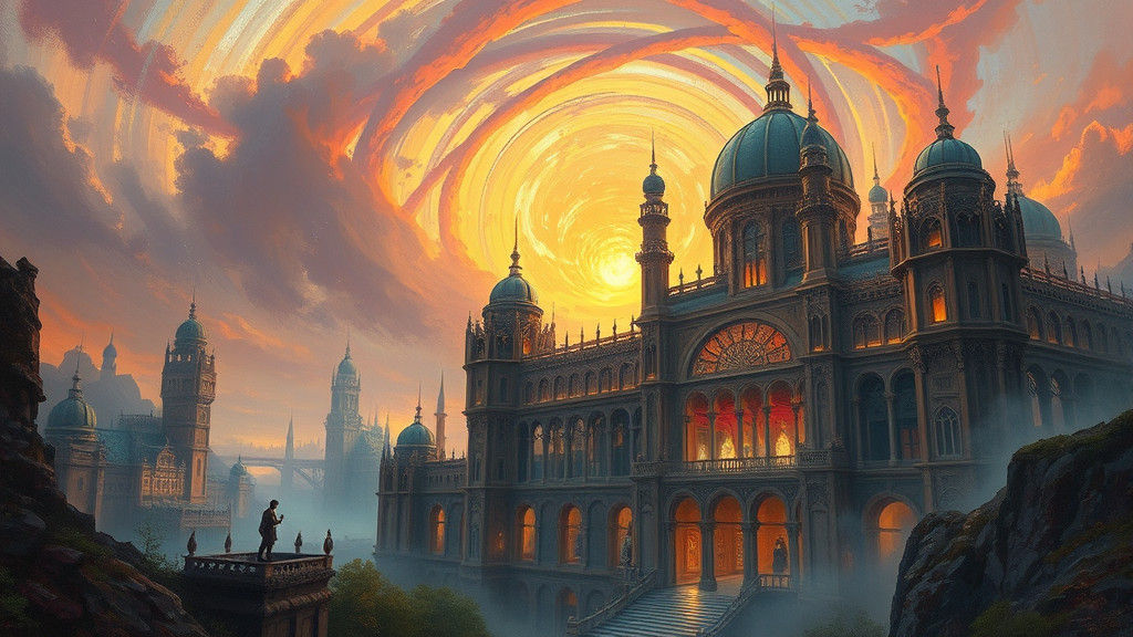 Dreamlike Cityscape in Lush Atmospheric Oil Painting Style