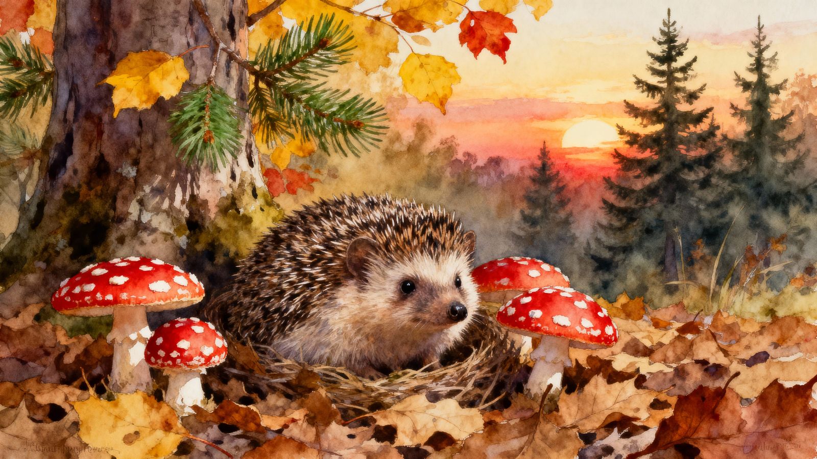 Hedgehog Nesting in Autumn Forest Watercolour Illustration