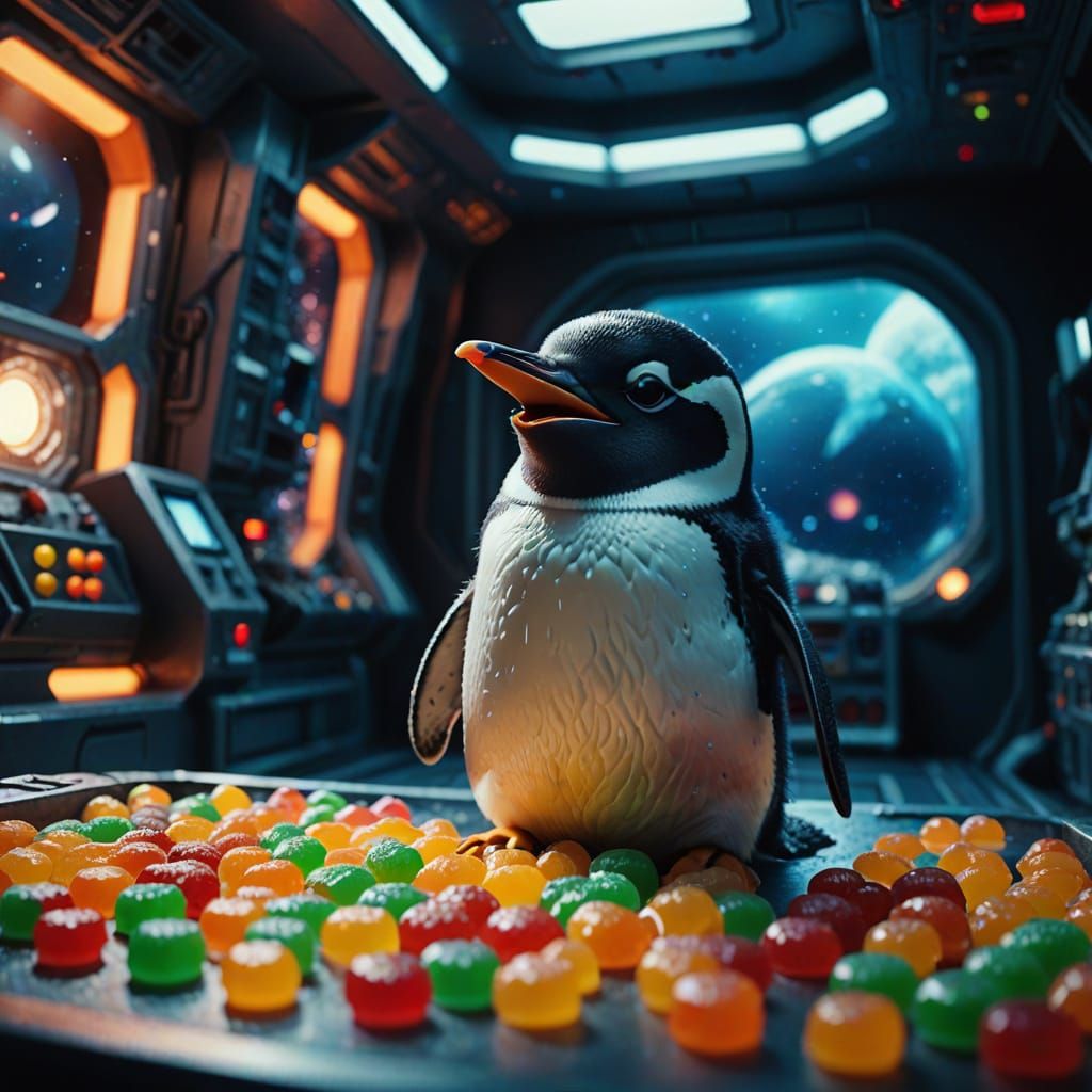 Penguin Astronaut Eats Gummies on Spaceship