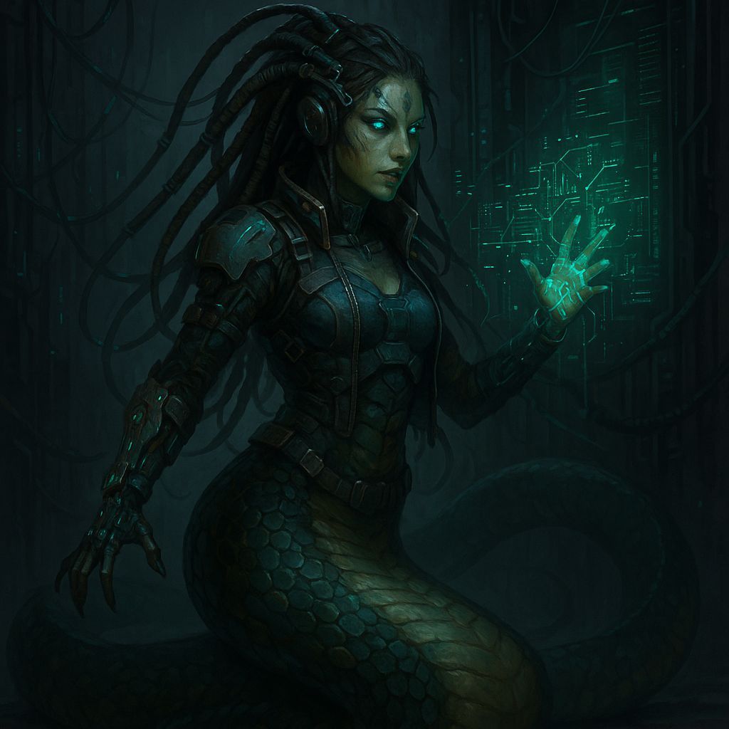 Shadowrun Female Naga Technomancer in Cyberpunk Style