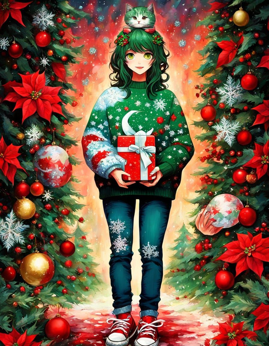 Anime Cat Girl in Festive Holiday Outfit with Christmas Gift
