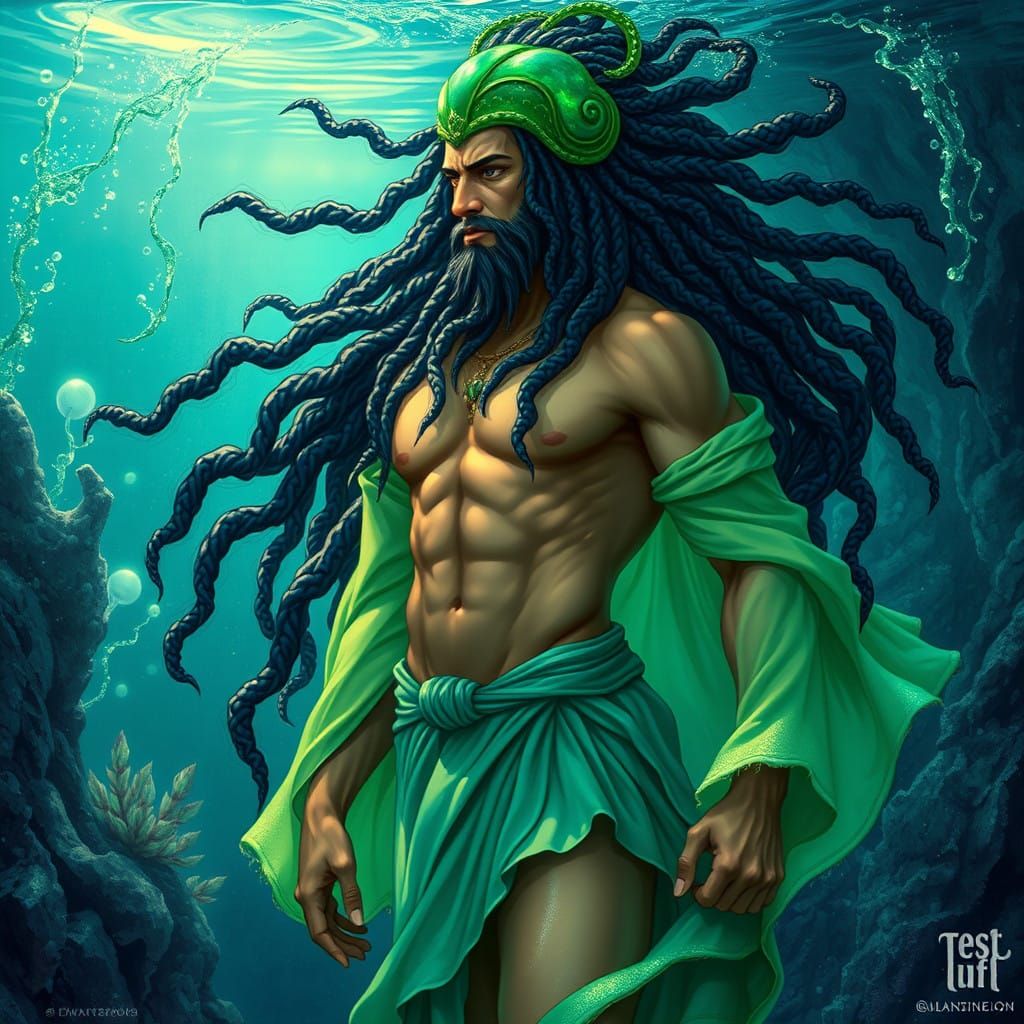 Water Man with Emerald Headdress in Dark Fantasy Style
