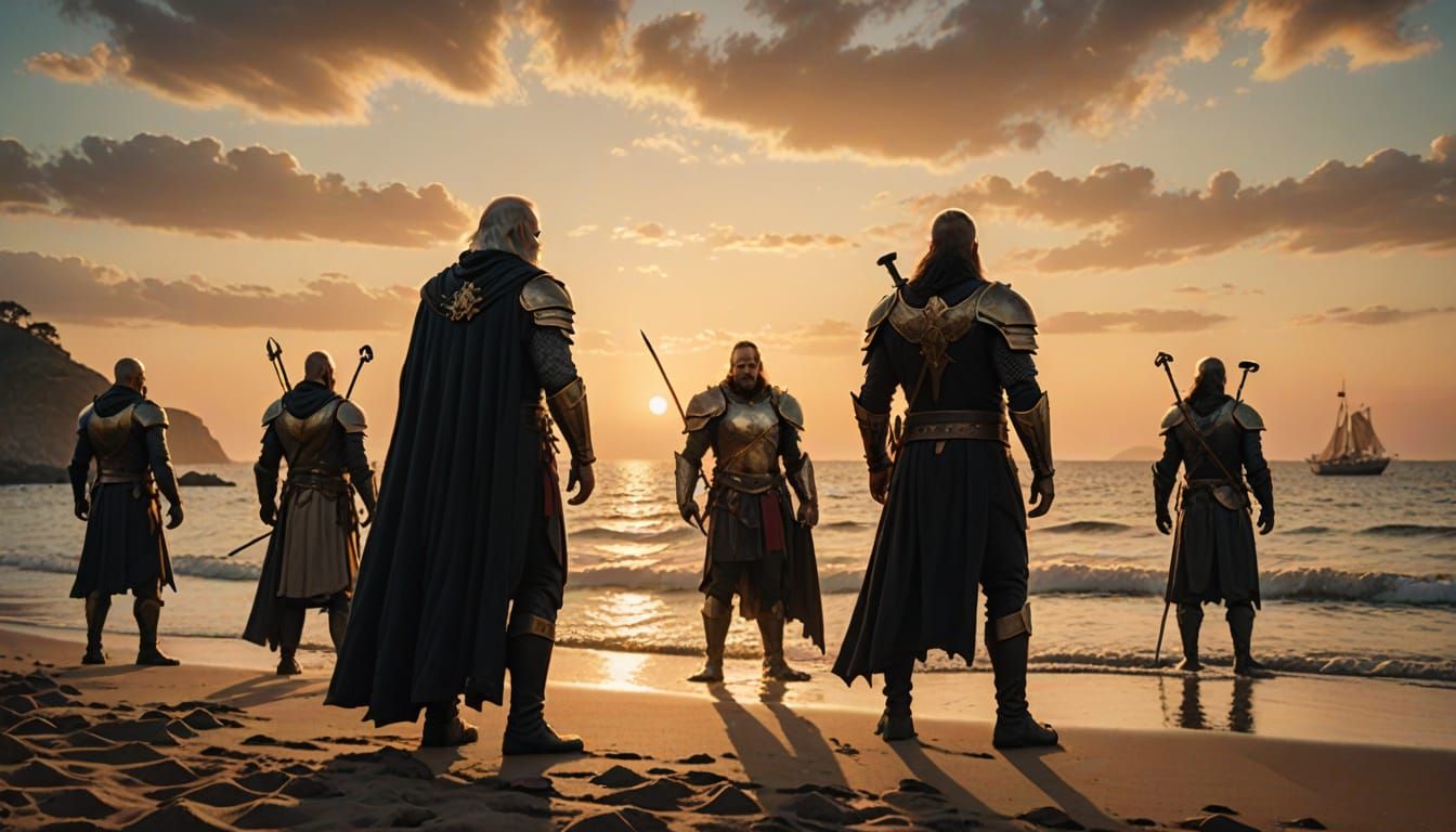 Heroes Gather on Shore with Uncle Chernomor in Golden Hour