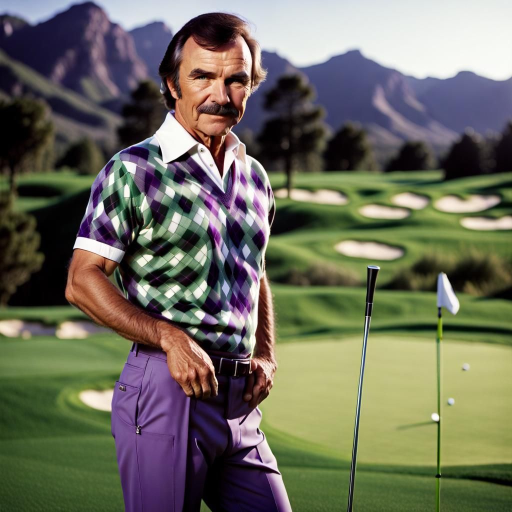 Burt Reynolds dress in white purple Argyle golf plaid apparel, plaid golf pants. Golf grass in dramatic plaid of green, ...